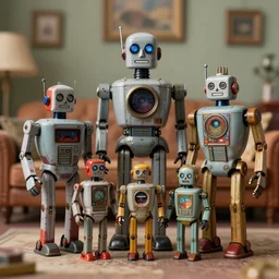 closeup portrait of tin toy retro living room of cyberpunk robot family, depth of field, zeiss lens, detailed, centered, fashion photoshoot, by nicoletta ceccoli, mark ryden, lostfish, artgerm, greg rutkowski, alphonse mucha, breathtaking, 8 k resolution, extremely detailed, beautiful, artistic, hyperrealistic, octane render, - h 8 0 4