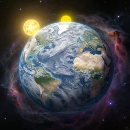 a detailed matte painting of a marble - like water planet with continents orbiting a yellow sun in a sea of stars surrounded by colorful swirling gas clouds, by petros afshar and greg rutkowski trending on artstation, deviantart, planet, clouds, earth, exoplanet, stars, nubulae hubble, 8 k, 4 k