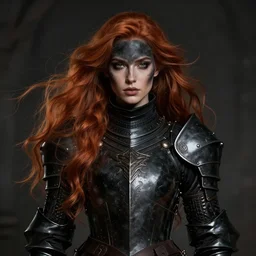 a beautiful woman black knight, 8 k, sensual, hyperrealistic, hyperdetailed, beautiful face symmetrical, long ginger hair windy, dark fantasy, fantasy portrait by laura sava