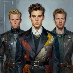 portrait of a handsome man dressed in designed custom clothes by prada head shoot, art by alex heywood and gaston bussiere, albert lynch, fantasy art, reimagined by industrial light and magic, oil on canvas, hd