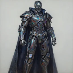 dark cyborg armour made of intricate complex circuitry and microchips, iridescent, warrior assassin cloak, colorful, intricate linework, realistic oil painting, rutkowski, wlop, chebokha, artgerm