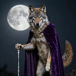 Tall emaciated man wolf hybrid, covered in matted fur, he has yellow wolf eyes, a long bent rat like tail, long coyote like ears, and is Wearing a purple velvet cape and is holding a Silver cane with his right hand, Atmospheric Full Moon, highly realistic, Rick Baker style, photoreal, photograph in the style of Annie Leibovitz