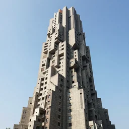 a giant brutalist wizard tower built in brutalist architecture, diverse unique building geometry full of shapes and corners, with a narrower base than the top of the tower