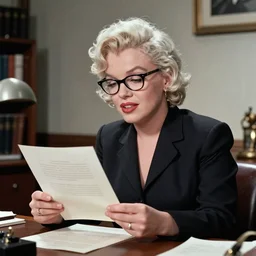 photo of Marilyn Monroe in a suit and glasses, reading a document at a desk in an office. Highly detailed 8k. Intricate. Sony a7r iv 55mm. Award winning.