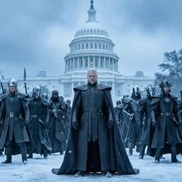 The Night King and his army invading Washington DC. Cinematic. Blizzard. Icy Blue colored.