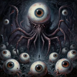 ritual of otherworldly massive shoggoth god arising over grim obsidian landscape made of giant eyeballs, painting by donato giancola, artgerm, edvard munch john berkey, gustave dore, thomas moran, hieronymus bosch, hp lovecraft, paranoid vibe, terror giant infinite eyes horror spider eyes tentacles maggots feeling of madness and insanity