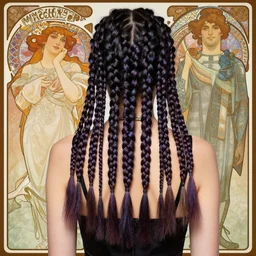 hyper-realistic detailed short box braids, model, beautiful, flirty by Alphonse Mucha, Ayami Kojima, Amano, Charlie Bowater, Karol Bak, Greg Hildebrandt, Jean Delville, Pablo Picasso and Mark Brooks, Art Nouveau, Neo-Gothic, gothic, iridescent deep colors