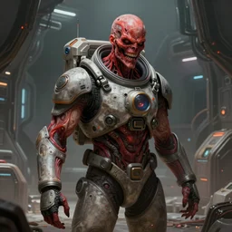 scifi art by Greg Rutkowski, a person infected with a kind of reddish sienum that is sprouting from all over his body, violent and vicious appearance, dressed in a futuristic mining space suit, claustrophobic science fiction setting inside a desolate space colony, detailed and intricate environment, high technology, digital painting, artstation, concept art, smooth, sharp foccus ilustration, Artstation HQ.