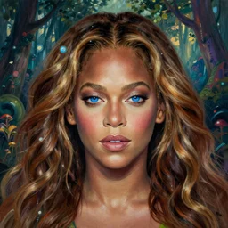 realistic detailed face portrait painting of the beautiful beyonce with long hair with sci-fi headwear, futuristic sci-fi forest on background by Jean Delville, Amano, Yves Tanguy, Alphonse Mucha, Edward Robert Hughes, Roger Dean, rich moody colours, blue eyes