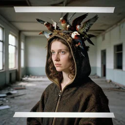a woman wearing a hood made of birds, in an abandoned office building, by jan van eyck, canon eos c 3 0 0, ƒ 1. 8, 3 5 mm, 8 k, medium - format print