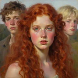 oil painting by ilya kuvshinov,, baugh casey, rhads, coby whitmore, of a young cassandra the trojan prophetess, long curly red hair, outdoors, highly detailed, breathtaking face, studio photography, dawn, intense subsurface scattering, blush, supple look, innocence, intense sunlight