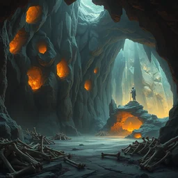 fantasy matte painting of a cave with huge glowing crystals in the walls and piles of bones on the floor, fantasy, sharp focus, artstation