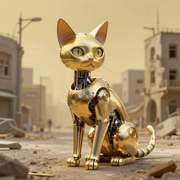 gold and silver tones, cybernetic cat in a deserted town, style of moebius, james jean, rutkowski, cinematic, high detail, award winning, 8 k photorealistic