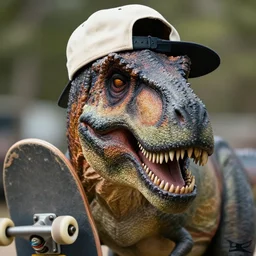 closeup potrait of a tyrannosaurus rex wearing a backwards cap and holding a skateboard, natural light, sharp, detailed face, magazine, press, photo, steve mccurry, david lazar, canon, nikon, focus