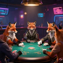 cyberpunk foxes playing poker in a gritty cyberpunk bar