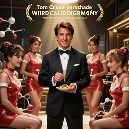 tom cruise as a pimp surrounded by prostitutes, molecular gastronomy, in the style of weird science movie poster artwork