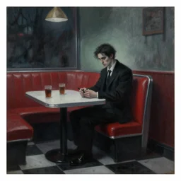 gothic style painting of a man sitting alone in a diner