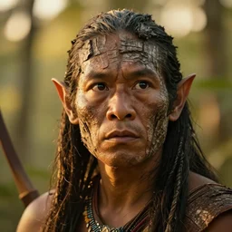 a highly detailed cinematic headshot portrait photograph of a amazonian warrior, treebark, barkskin!, archer, expression of curiosity, thin nose, elf ears, golden hour, ultra realistic, depth, beautiful lighting, by annie leibovitz, hasselblad, 1 0 0 mm, bokeh, photorealistic, hyperrealistic, octane, masterpiece