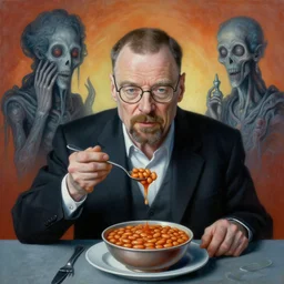 painting of walter white eating british baked beans, scene of man eating british baked beans, by zdzislaw beksinski, by dariusz zawadzki, by wayne barlowe, amazing details, biomorphic, gothic, surrealism, cosmic horror, lovecraftian, cold hue's, warm tone gradient background, concept art, beautiful composition