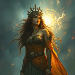 goddess of weather. colorful atmospheric lighting. highly detailed painting by greg rutkowski.