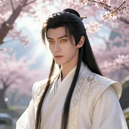 a portrait of a young handsome Chinese prince, long black hair, golden eyes, elegant, intricate, backlit, incredible lighting, strong rim light, subsurface scattering, realistic anime, epic beautiful landscape, cherry trees, highly detailed, god rays, digital painting, by Heise Jinyao, Heise-Lian Yan Fang, Feimo, Rossdraws, HDRI, vivid colors, high contrast, 8k