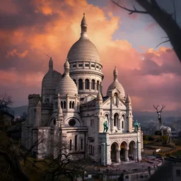abandoned Basilica of Sacré Coeur de Montmartre, toxic orange and pink clouds strain the sunlight, stark contrasting lighting, contrejour, a two-headed mutated deer-like creature looks on in the distance from the sparse twisted silhouetted foliage, a highly detailed colorful matte painting by Scott Listfield and Mikko Lagerstedt, featured on Artstation, Unreal Render, 8k HDR, birdseye view, fisheye lens