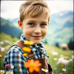 kodak portra 4 0 0, wetplate, muted colours, blueberry, 1 9 2 0 s style, long shot, macro photo of a colourful 1 9 2 0 s handsome 6 yo bavarian goat herder boy posing in a beautiful flower meadow in the bavarian alps, mountain panorama, motion blur, tiny gaussian blur, depth of field