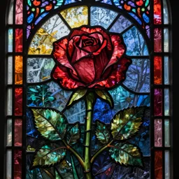 stained glass image, close - up of a dying rose in a dark room, colorful