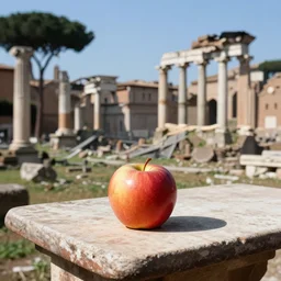 An apple sitting on a table over the ruins of a sacked Rome, award winning photograph.