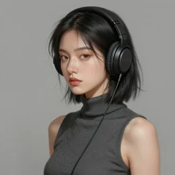 girl with black hair wearing headphones, sleeveless turtleneck. digital painting, by valerian city of a thousand planets, by ruan jin #, by mandy jurgens #, by artgerm #, william - adolphe bouguerea #
