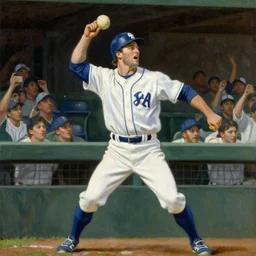 painting of harry caray singing in press box in the style of michelangelo