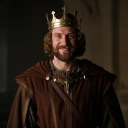 portrait of a medieval king while he looking at the camera smiling dim-light