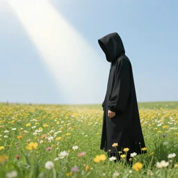 a hooded figure in a black robe standing in a flower meadow while bright light beam is emmited from the sky onto him, flower meadow landsape in dark pits of a canyon, illustration by Gustave Dore, 18th century drawing , black and white, highly detailed, 4k, concept art, artstation
