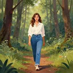 centre portrait of a girl with white shirt and blue jeans, long brown hair, walking through forest!!, early morning, symmetry, retro 8 0 s style, colourful, accurate, realistic illustration, art by peter elson