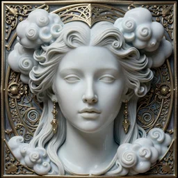 detailed realistic face portrait octane render, artwork by james jean, chiara bautista, smooth polished matte porcelain, queen of futility, jean delville, art nouveau, james jean spiraling clouds, exquisite ornate metal gothic icon heavy patina, joy, delicate, surreality, enchanting, otherworldly, whimsical, ethereal, mythology, magical