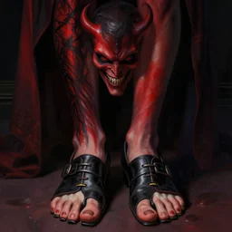 portrait of evil incarnate wearing toe shoes ( vibram five fingers ), digital art, technicolor, grim - lighting, high - contrast, intricate, elegant, highly detailed, centered, digital painting, artstation, concept art, smooth, sharp focus, illustration, artgerm, karol bak