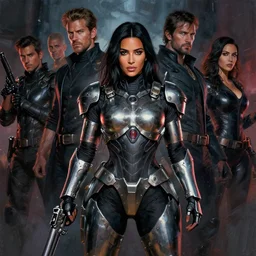 kim kardashian wearing metal gear armor holding gun dramatic lighting art by brandon anschultz by yoji shinkawa by richard schmid by greg rutkowski by sandra chevrier by jeremy lipking cinematic dramatic brush strokes background
