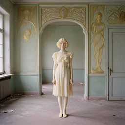 an ivory girl in an soviet golden liminal abandoned room, film still by wes anderson, depicted by david lynch, limited color palette, very intricate, art nouveau, highly detailed, lights by hopper, soft pastel colors