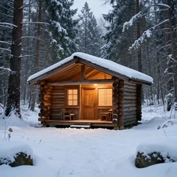 a wooden hut at a clearing in the woods, snowy, light inside the hut, realistic, epic composition, epic lighting, 4 k
