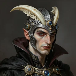 paintedportrait of vampire wearing helmet made from ivory and intricate decorated with ornaments in unknown fantasy art style, fantasy intricate elegant extremely detailed digital painting trending artstation concept art sharp focus illustration art by gustave courbet greg rutkowski craig mullins
