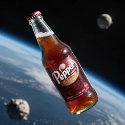 Dr. Pepper bottle floating in space