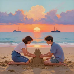 couple building sandcastle on the beach at sunset, ships floating in the clouds in the distance, retrowave style, painting by ivan shishkin