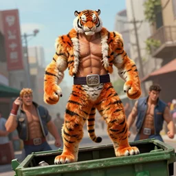 shredded physique crisp defined furry fuzzy Man Streetfighter Tekken Dude wearing Tiger Costume standing atop dumpster greg rutkowski greg danton tony sart raymond swanland chris foss chris cold christophe norman rockwell young acrylic 4k artstation wikiart wikipedia realism tilt-shift