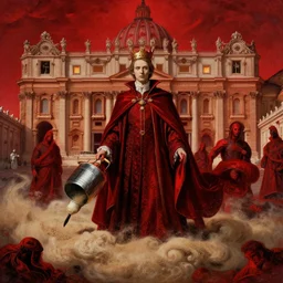 the king of dreams, sandman by neil gaiman, gareth pugh aw 2 0 1 1, in hoc signo vinces, vatican in background, cloud of sand, dreaming, in the style of max ernst, leonora carrying tin, by raqib shaw, intricate composition, red by caravaggio, insanely quality, highly detailed, masterpiece, red light,