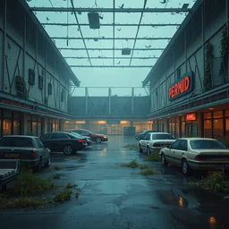 the exterior of an abandoned a shopping center with furniture and everything in deterioration, in the rain and with wrecked cars outside and weeds growing on the walls, style artstation, style greg rutkowsk, comic art book,, octane render, unreal engine 6, epic game graphics, fantasy, post - apocaliptic, ray tracing