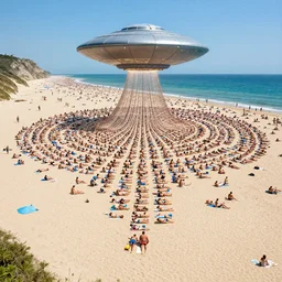 thousands of sunbathers lie on a beach, together forming a gigantic design like an alien crop circle, photorealistic, ufos, crop circles