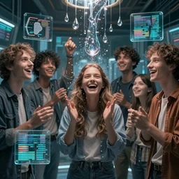 cinematic shot epic group happy humans, hyper realistic, mood lighting, fantasy, detailed flow of beautiful digital images, floating graphics, dripping light drops, supercomputers text to images, beautiful graphics, highly detailed, super realistic, perfect lighting pixel sorting, style sheet