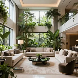 luxury living room filled with plants and trees, architectural digest