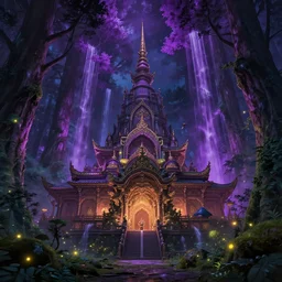 a giant forest temple at night, purple light, lush forest, waterfalls, fireflies, ornate architecture, vibrant colors, atmosphere, spectacular details, dramatic lighting, epic composition, wide angle, low angle, close up, by miyazaki, nausicaa ghibli, breath of the wild, 3 d render