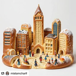 by miriam schapiro, by kurt schwitters imposing instagram. a sculpture of a city made entirely out of kulich, a traditional russian easter bread. the city is bustling with activity. the sculpture is playful & whimsical, with a touch of magic.